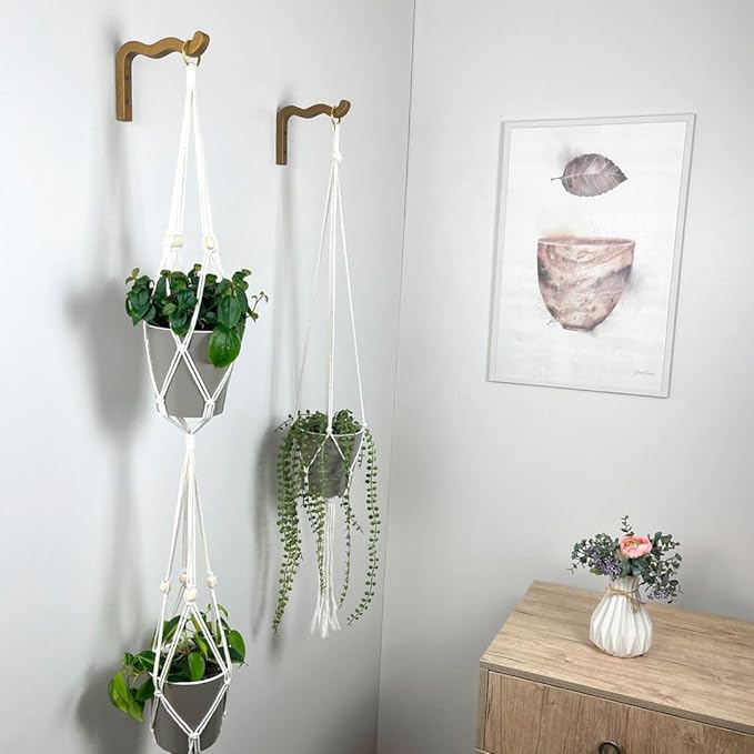 2-Piece Set of Wavy Wooden Wall Planters for Indoor Plants 6 Inch - Natural Plant Hook for Wall Plant, Wind Chimes, Flower Brackets - Durable Bracket Plant Hanger (Bronze)