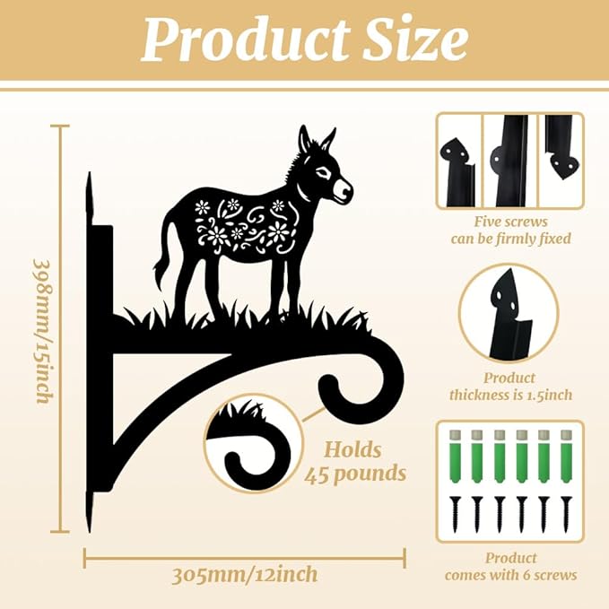 peacoblue Iron Plant Hangers Hooks for Outdoor Indoor Hanging Plants Flower Fern Pots Lantern Bird Feeder Wind Chime,12"x15.7" Weather Resistant Metal Wall Holder for Porch Garden Farmhouse(Donkey)