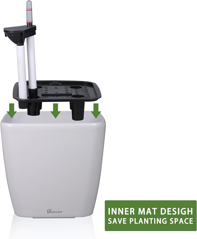 Dexceder 18x17 Self Watering Planter with Wheels Indoor Outdoor, Inner Mat Design, Thickened Large Floor Standing Flower Plant Pot with Water Level Indicator (White Matte)