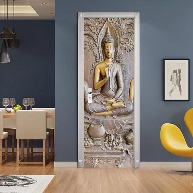 3D Door Stickers - Buddha Statue - Peel & Stick - Waterproof & Washable - Matt Finish - 34.6" x 78.7" - 2 Pieces - White - Oriental Style - Door & Wall - Adults