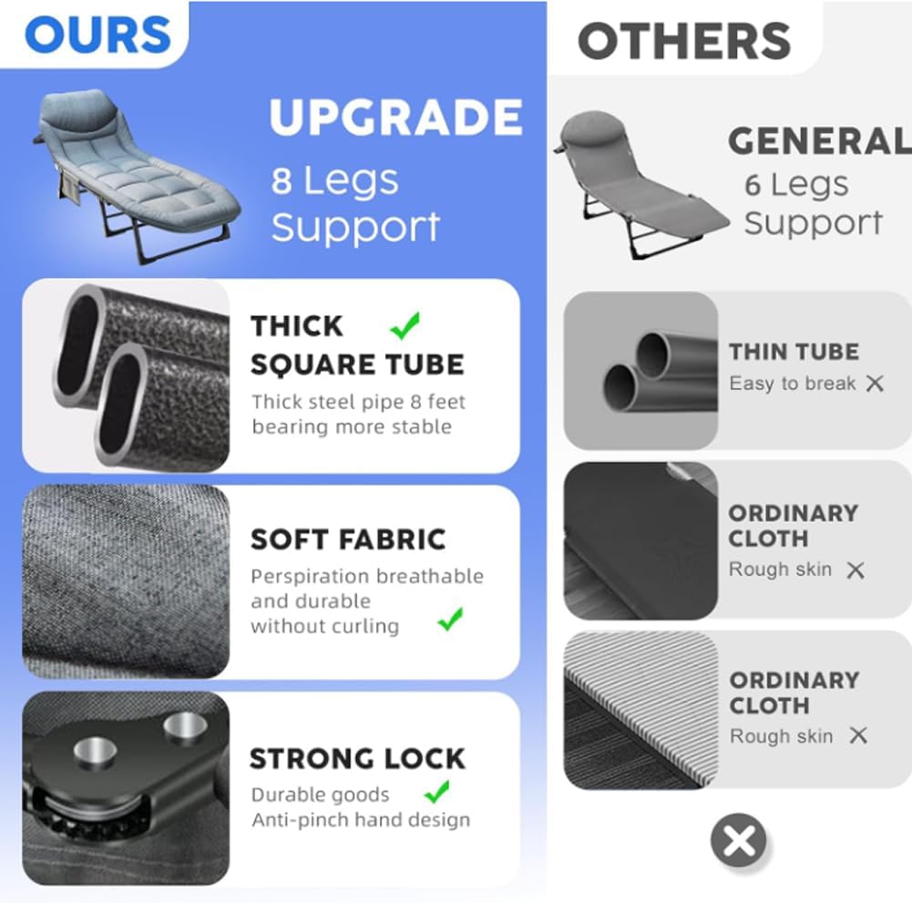 Camping Cot Portable Folding Bed for Adults 6 Position Adjustable Cot Recliner Chair with Pillow Heavy Duty Steel Frame Camping Office Nap Indoor Outdoor Use (Large(74in))