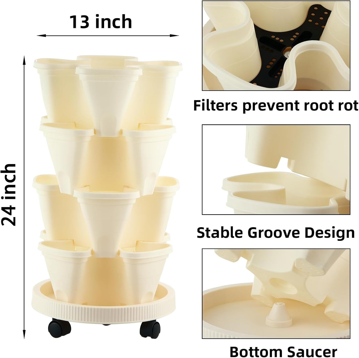 4 Tier Garden Tower Strawberry Planter Stackable Vertical Garden Planter for Herb Flowers Succulents and Lettuce Indoor/Outdoor Off-White