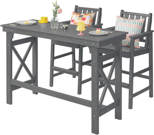 3 Pieces HDPE Outdoor Patio Bar Set, Rectangular Bar Height Table and Chairs Set, Patio Bar Stools Set, HDPE Outdoor Bar Table and Chairs Set for Balcony, Poolside, Porch, Smoke Gray