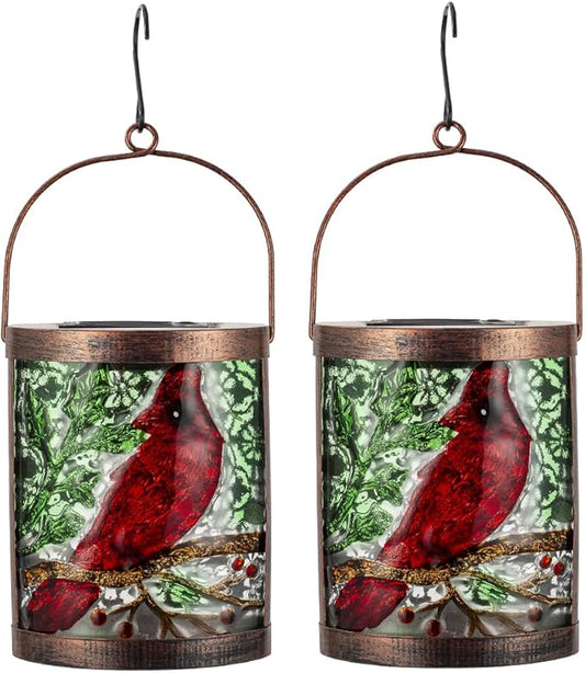 2 Pack Cardinal Solar Lanterns Outdoor Waterproof LED Light Hanging Solar Lantern Glass Tabletop Lamp for Patio Garden