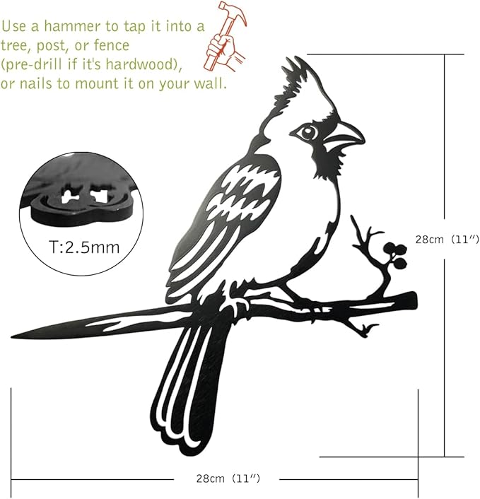 Metal Bird Christmas Cardinal Garden Decor，Tree Decor Outdoor Metal Wall Art Large，Cardinal Gifts Figurine Unique Yard Art，Garden Silhouette ，Garden Sculptures and Yard Art