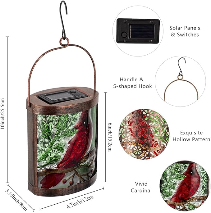 2 Pack Cardinal Solar Lanterns Outdoor Waterproof LED Light Hanging Solar Lantern Glass Tabletop Lamp for Patio Garden