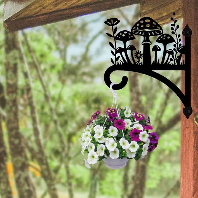 peacoblue Iron Plant Hangers Hook for Outdoor Indoor Hanging Plant Flower Fern Pot Lantern Bird Feeder,12"x15" Weather Resistant Metal Wall Holder for Porch Garden Farmhouse(Mushroom and Wildflower)