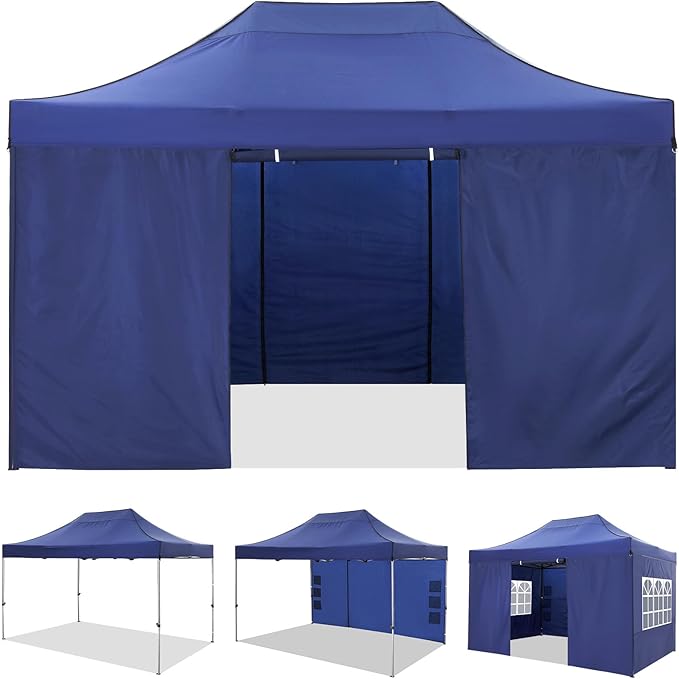 COBIZI 10x15 Pop up Canopy Heavy Duty Tent with 4 sidewalls Commercial Outdoor Canopy Event Tents All Season Wind & Waterproof Gazebo with Carry Bag, Dark Blue(Frame Thickened)
