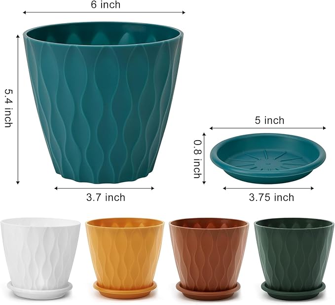 6 inch Plant Pots, 5 Pack Flower Pots Outdoor Indoor, Planters with Drainage Holes and Tray Saucers（Multicolor）
