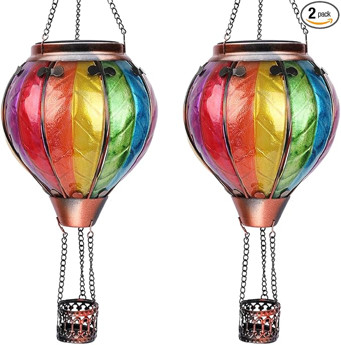 2PC Hot Air Balloon Solar Lantern with 2PC Shepherd Hook, Flickering Flame Hanging Solar Lanterns Outdoor Lights Waterproof Lanterns Decorative Garden Patio Yard Party Decor Colorful