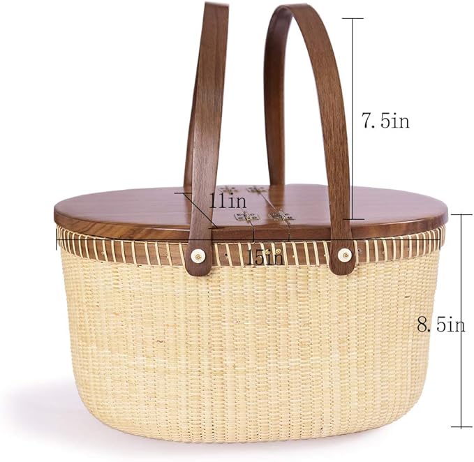 Nantucket Basket Crafts Cane-on-Cane Weave Picnic Basket Shopping Basket Basket Storage Basket Two Swing Handles (Black Walnut Activity Double Open)