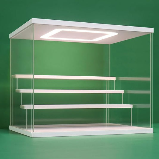 NONEMEY Clear Acrylic Display Case Stand with LED Light 2/3/4/5/6 Tier Storage Box Showcase Dustproof Organizer Box for Collectibles (White 4Tier 12.4*9.6*10.4inch)