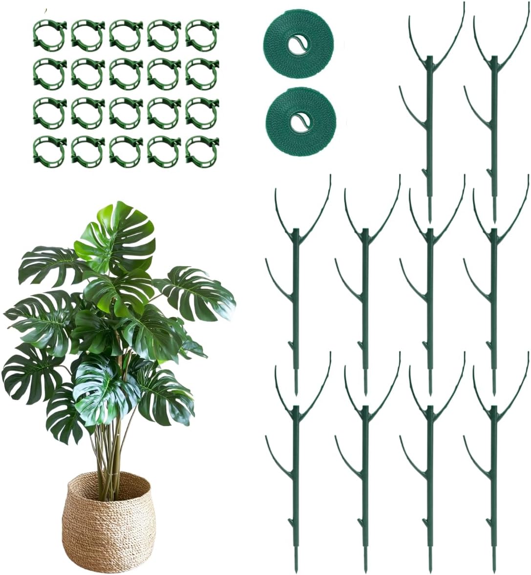 10 Pack Stackable Monstera Plant Support Stakes, 75inch Climbing Garden Plant Support Sticks Structures with 20pcs Clips & Ties, for Indoor Outdoor Plants Alternative to Moss Pole