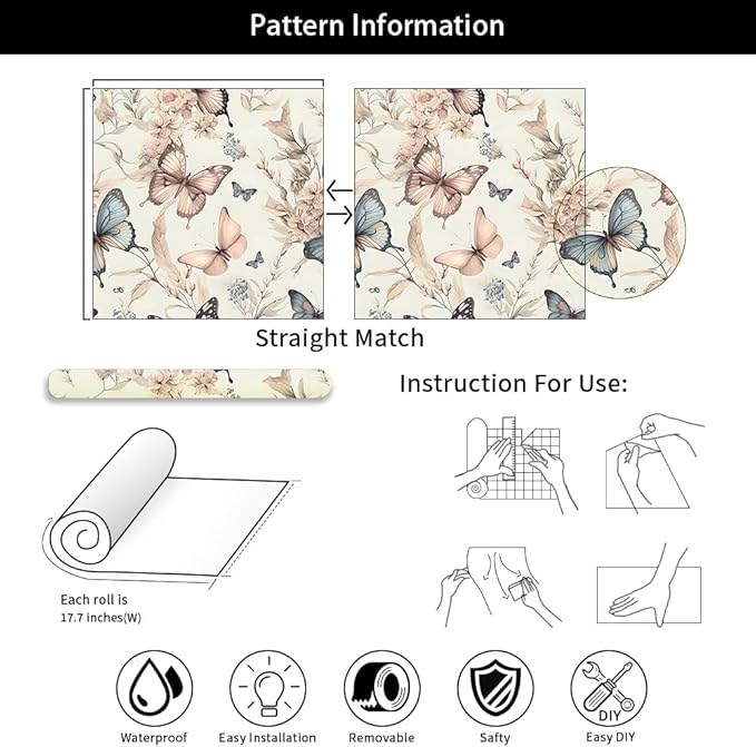 Wonderland Boho Butterfly Flowers Peel and Stick Wallpaper Self Adhesive Removable Easy Peel Off Stick on Wall Paper for Bedroom Cabinet Renter Friendly
