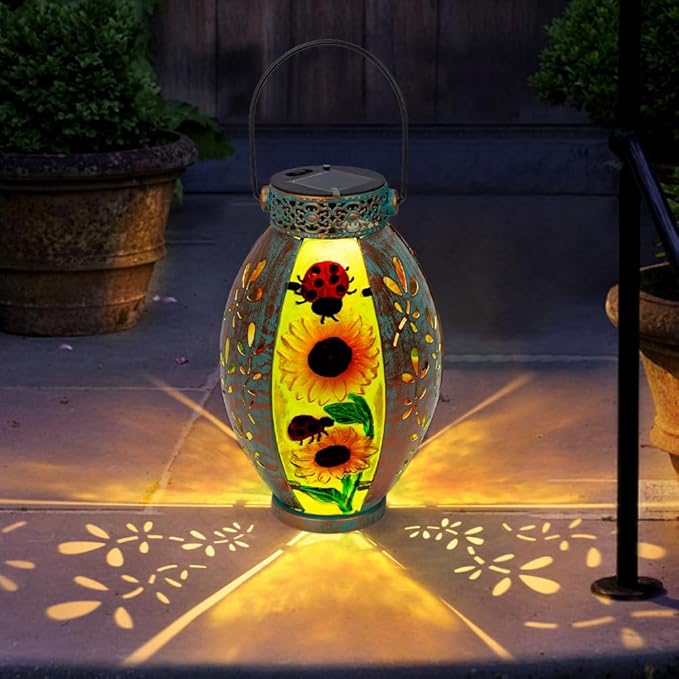 2 Pack Sunflower Solar Lantern,Retro Solar Lanterns Outdoor Waterproof,Stained Glass & Metal Hanging Solar Lantern,LED Tabletop Lamp Solar Lights,Sunflower Outdoor Solar Lanterns for Pathway