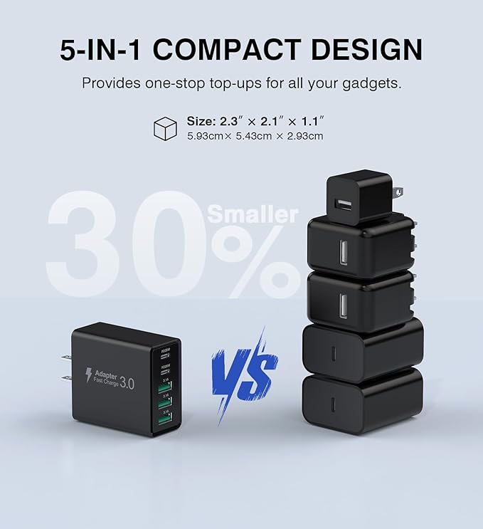 [2-Pack] USB C Wall Charger, 50W USB C Charger Block 5-Port PD Fast Charging Blocks + QC Power Adapter Brick Cube Multiport USB A Plug,Type C Cube for iPhone 16/15/14/13/12/Pro,Samsung,for Switch