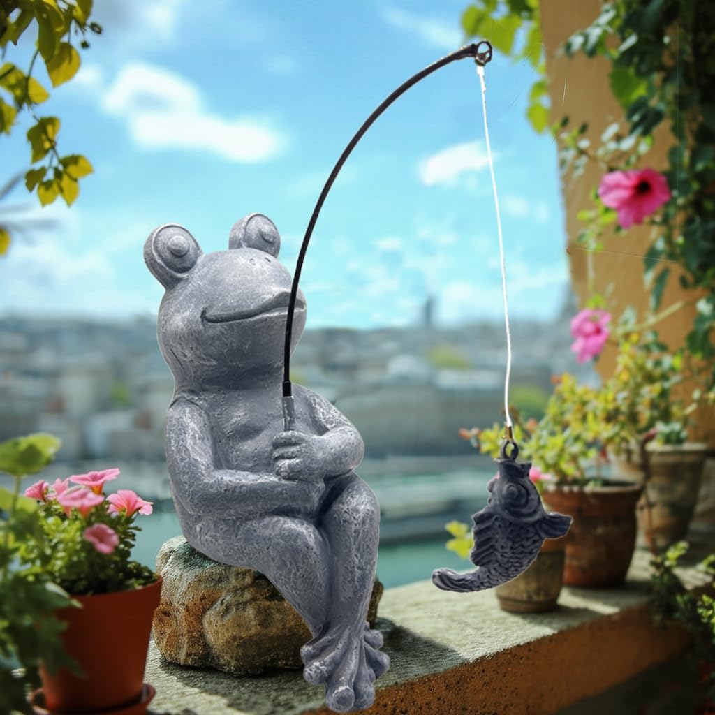 Frog Fishing Statue Garden Decor – 9.8" Weatherproof Resin Frog Fishing Sculpture Decor for Fish Ponds, Koi Ponds, Waterfalls, Poolside & Outdoor Gardens– Resin Figurine for Indoor & Outdoor Décor
