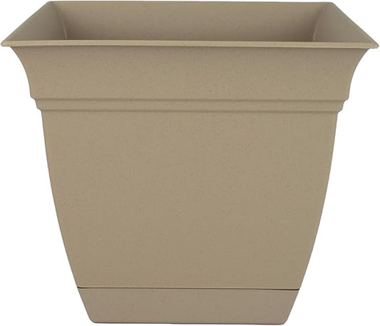 The HC Companies 12 Inch Eclipse Square Planter with Saucer – Indoor Outdoor Plant Pot for Flowers Vegetables Herbs, Sandstone