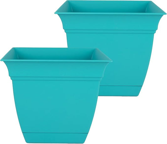 The HC Companies 10 Inch Eclipse Square Planter with Saucer – Indoor Outdoor Plant Pot for Flowers Vegetables Herbs, Teal (Pack of 2)