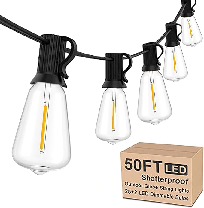 50Ft Outdoor String Lights, ST38 LED Outdoor Patio Lights Waterproof with 27 Edison Bulb (2 Spare), Dimmable Outside Hanging Backyard Lights for Porch Balcony Deck Garden Party Xmas Decor