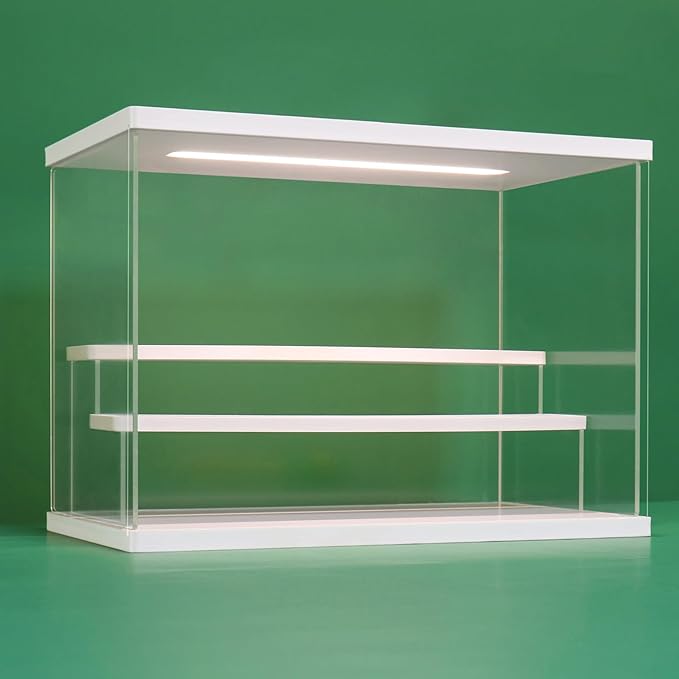 NONEMEY Clear Acrylic Display Case Stand with Led Light 2/3/4/5/6 Tier Storage Box Showcase Dustproof Organizer Box for Collectibles (White 3Tier 12.4*7*9inch)