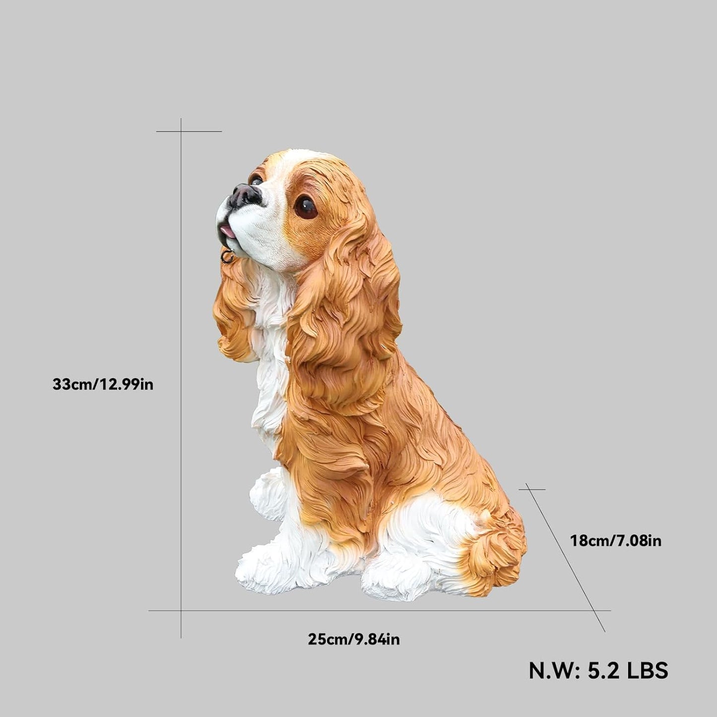 Sunny Cavalier King Charles Spaniel Solar Welcome Dog Statue, Hand-Painted Sitting Resin Puppy Figurine with Dual Signs and Lantern for Garden, Patio, and Front Porch Décor