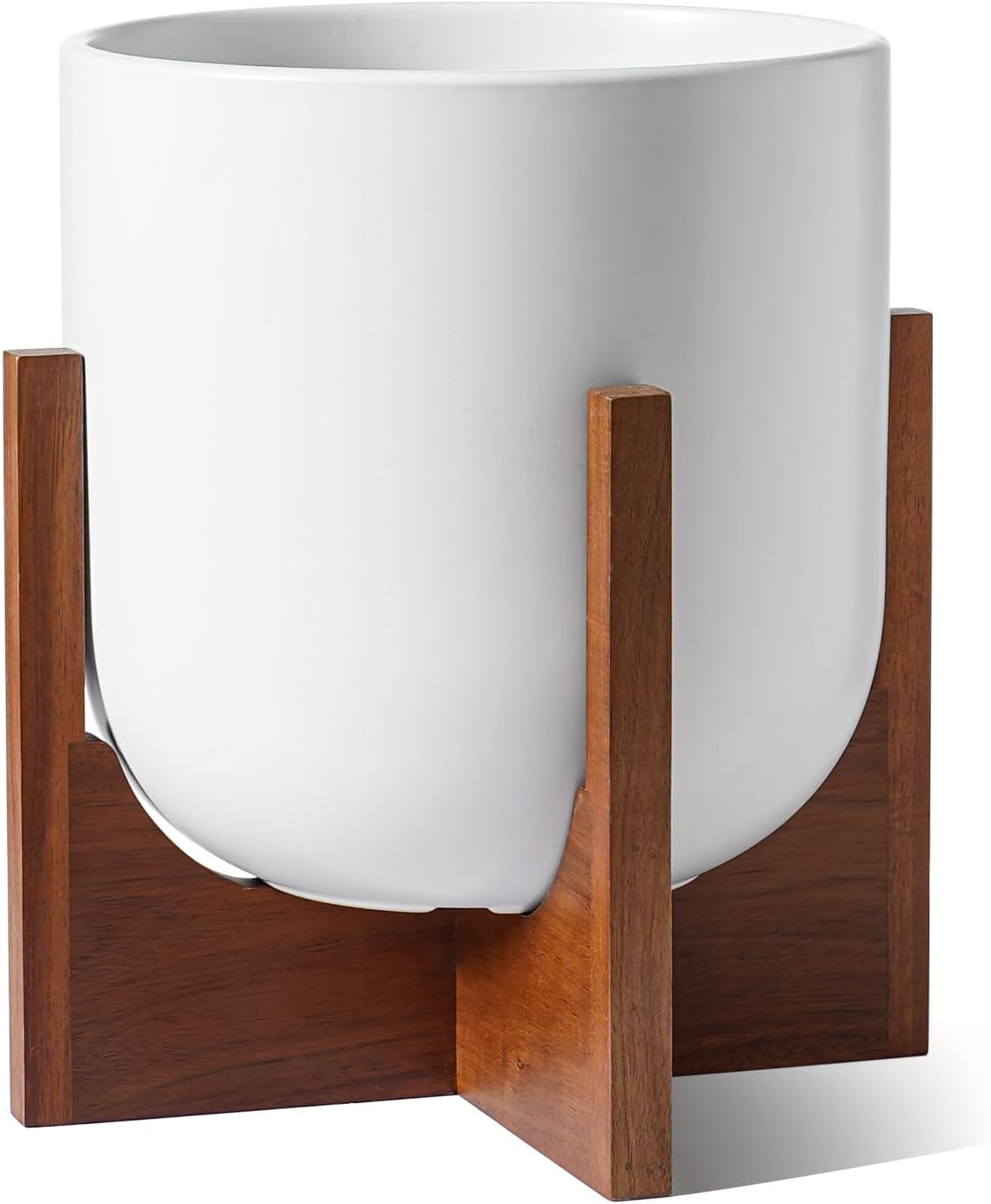 LE TAUCI 10 Inch Plant Pot with Acacia Wood Stand, Ceramic Planters for Indoor Plants, Unique Plant Pots Indoor for Home Decor, Mid-Century Modern Pots for Plants with Drainage Hole and Plug, White