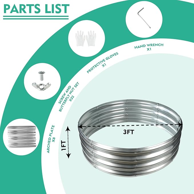 36 Inch Diameter Silver Galvanized Garden Raised Bed/Plant Box/Fire Ring-0.8mm Thick,12 Inch Tall,Crimped Edge and Corner,No Sharpe,Perfect for Plantings (3FT Diameter, Round)