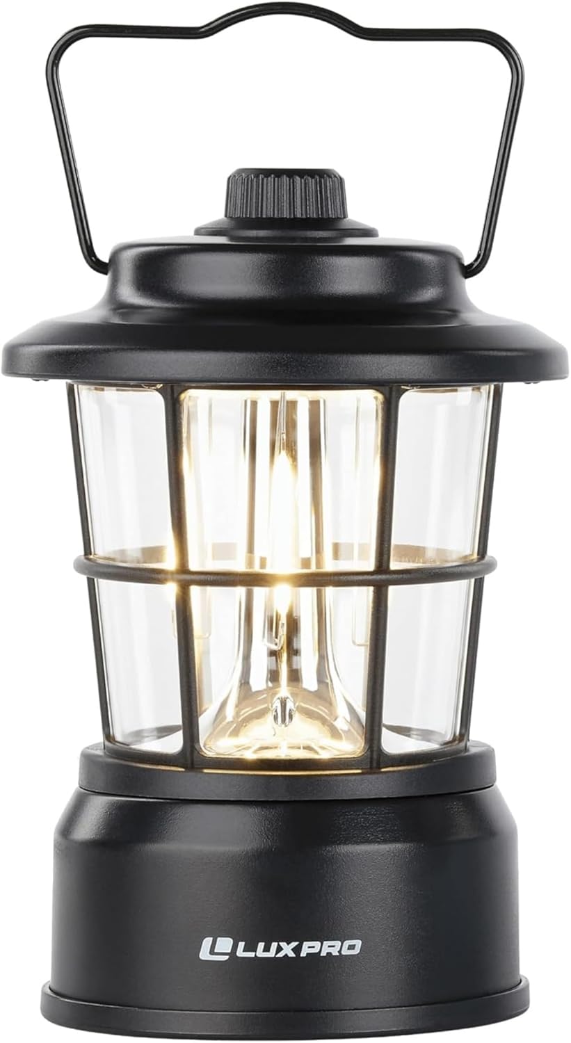 LUXPRO Retro LED Lantern - Battery-Powered Emergency Lantern - Water Resistant - Bright LED Lamp for Indoor & Outdoor Use - Use for Tents, Hiking or Hurricane Prep (Blac, Pack of 1)