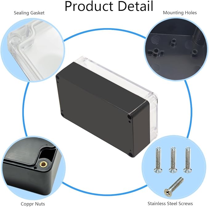 Project Box IP65 Waterproof Junction Box ABS Plastic Black Electrical Boxes DIY Electronic Project Case Power Enclosure Clear Cover 6.22"x3.54"x2.36"