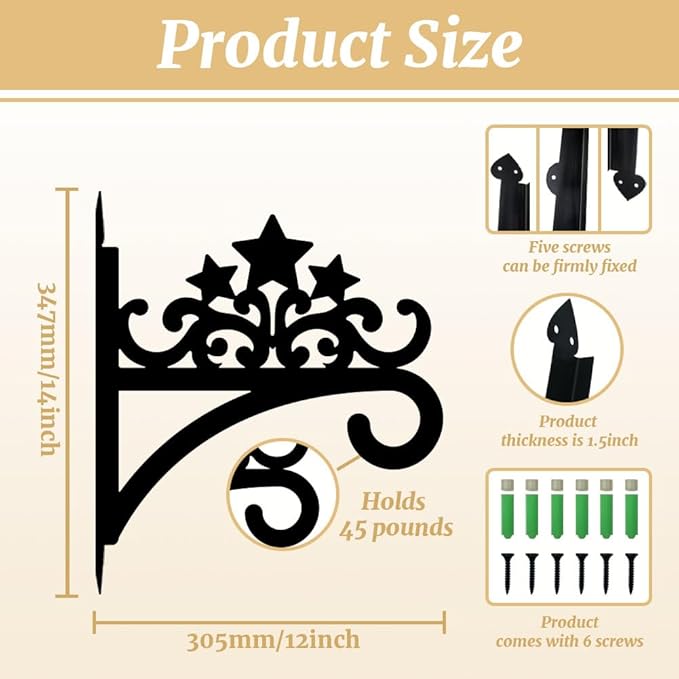 peacoblue Iron Plant Hanger Hook for Outdoor Indoor Hanging Plant Flower Fern Pot Lantern Bird Feeder,12"x14" Weather Resistant Metal Wall Holder for Porch Garden Farmhouse(Five-Pointed Star)