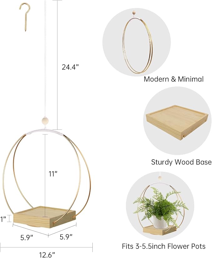 Hanging Planters for Indoor Plants, Plant Hanger with Sturdy Wood Base,Modern Boho Macrame Plant Hanger,Wall Ceiling Window Stands(Plants/Pots Not Included)
