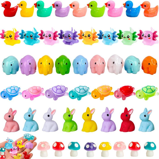 Mini Resin Animals Variety Pack 50 Mini Ducks Axolotl Bunnies Turtles Elephants Tiny Little Animals Figures Small Plastic Mushrooms Fairy Garden Accessories Outdoor Statues Blue
