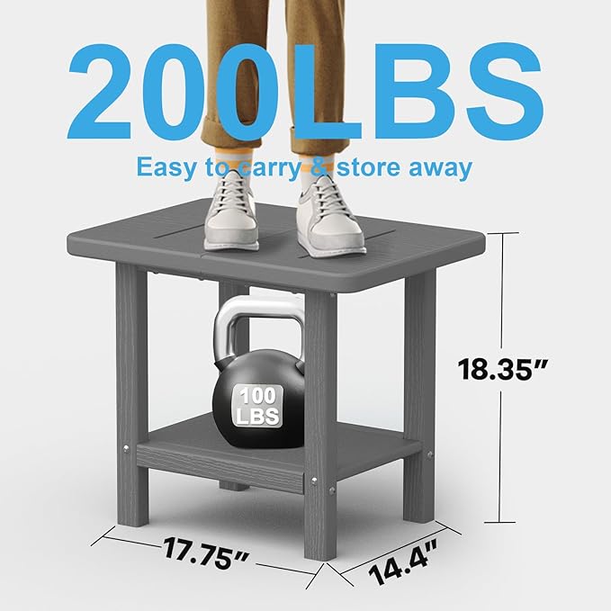 Outdoor Side Table - 2-Tier Storage All Weather Outdoor End Table for Patio - HDPE Morden Easy Maintenance Adirondack Side Table for Pool Porch Balcony Garden Lawn Backyard Outside Indoor