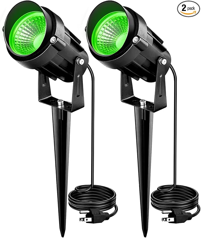 7W Green LED Landscape Lights, 110v 120V Plug in Landscape Lighting with IP66 Waterproof Halloween Christmas Spotlights for Garden Pathway Tree Pathway, 2 Pack