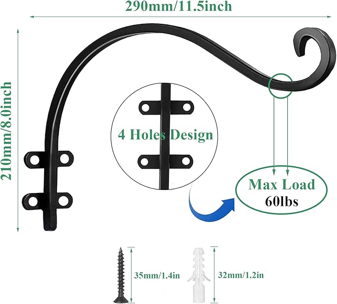 4 Pack Heavy Duty Plant Hanger Bracket, 12Inch Hanging Brackets for Plants Outdoor and Indoor, 80lbs Holding Capacity Metal Plant Wall Hooks, Black Hanging Plant Brackets for Flower Wind Bird Feeder
