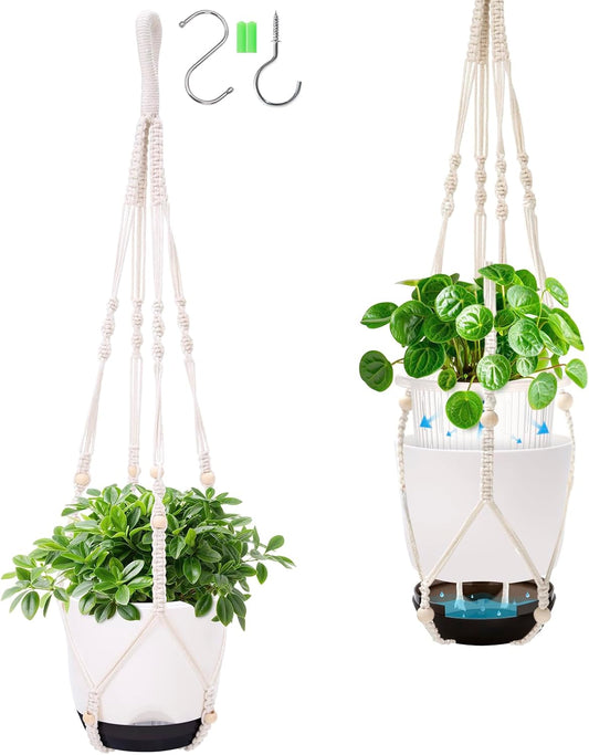 2-Pack Self-Watering Hanging Planters for Indoor & Outdoor Plants,34-Inch macrame hanger plant pots indoor with drainage,5.7-Inch Small Hanging Planters & Baskets in Black,With two sets of hooks