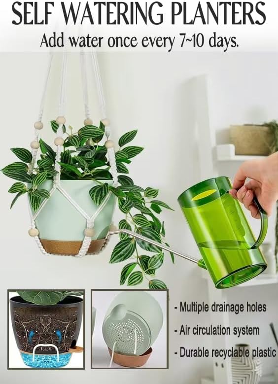 Self Watering Hanging Planters for Indoor Plants 3 Pack Macrame Plant Hangers with Drainage Holes Pots and Hooks for Home Garden Decor Green