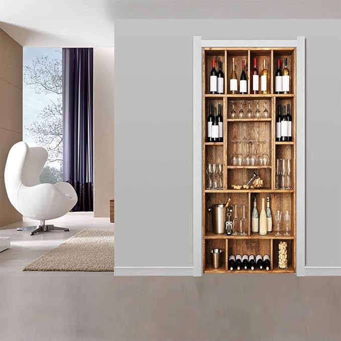 3D Peel and Stick Murals - Wine Cabinet Wallpaper - Removable PVC Waterproof Door Poster for Bedroom & Living Room - 34.6 x 78.7 inch