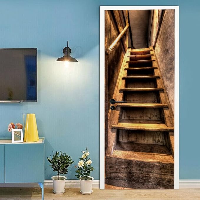 3D Peel and Stick Murals - Wooden Stairs Wallpaper - Removable PVC Waterproof Door Poster for Bedroom Living Room - 37.4 x 78.7 inch