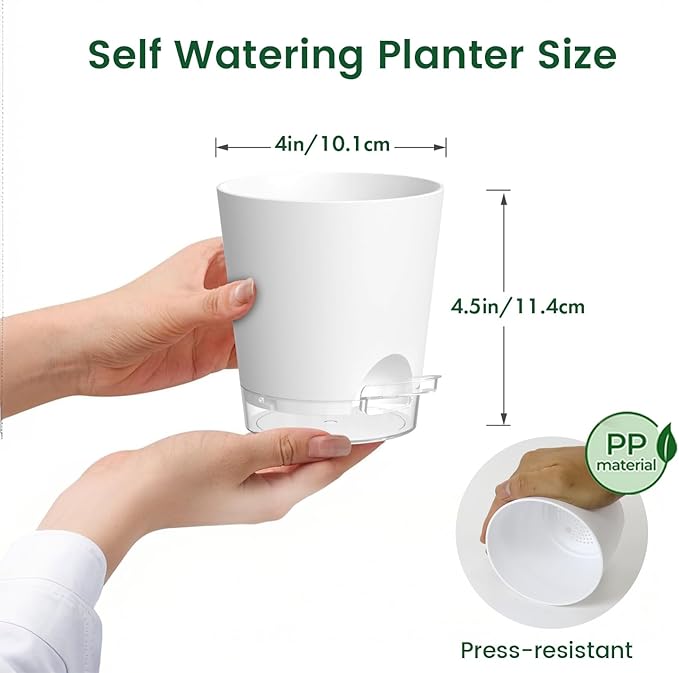 4 inch Self Watering Pots for Indoor Plants, 5 Pack Small Flower Plant Pots with Drainage Holes and Clear Reservoirs, Visible Water Level, Plastic Planters with Wicking Rope, White