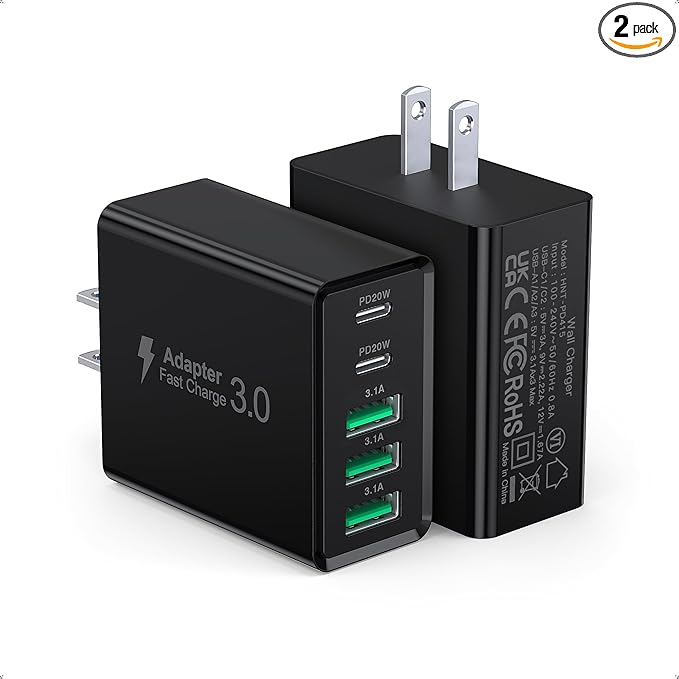[2-Pack] USB C Wall Charger, 50W USB C Charger Block 5-Port PD Fast Charging Blocks,2USB C+3USB A Multiport Plug,Type C Power Adapter Brick Cube for iPhone 16/15/14/13/Pro,Samsung,for Switch（Black）