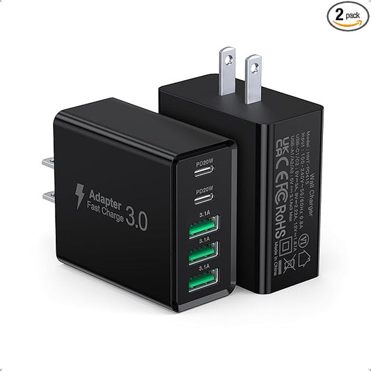 [2-Pack] USB C Wall Charger, 50W USB C Charger Block 5-Port PD Fast Charging Blocks,2USB C+3USB A Multiport Plug,Type C Power Adapter Brick Cube for iPhone 16/15/14/13/Pro,Samsung,for Switch（Black）