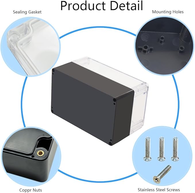 Project Box IP65 Waterproof Junction Box ABS Plastic Black Electrical Boxes DIY Electronic Project Case Power Enclosure Clear Cover 7.87"x4.72"x4.45"
