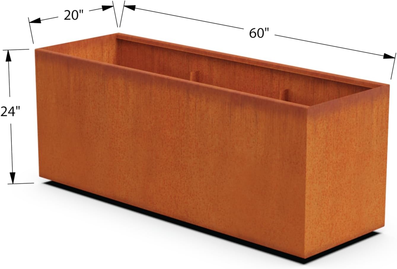 Large Rectangular Planters for Outdoor Plants - 60x20x24 Corten Steel Planter, Extra Large Outdoor Planter Box for Modern Garden & Patio Landscapes