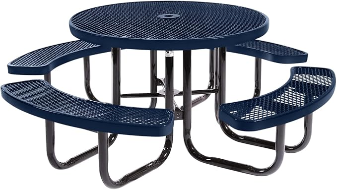 Coated Outdoor Furniture Heavy-Duty Portable Outdoor Picnic Table with Umbrella Hole, Expanded Metal Commercial-Grade Patio Dining Furniture Made in America (46" Round Top, Textured Dark Blue)