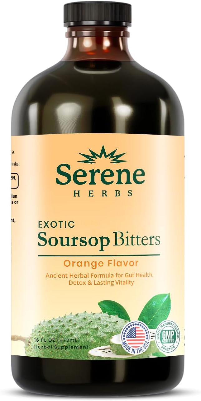 Serene Herbs Soursop Bitters Liquid with Soursop Leaves for Gut Cleanse, Detox & Immune Boost with Black Seed, Moringa, Irish Moss, Ashwaganda, Turmeric, 16 fl oz (16 Fl Oz, Orange)