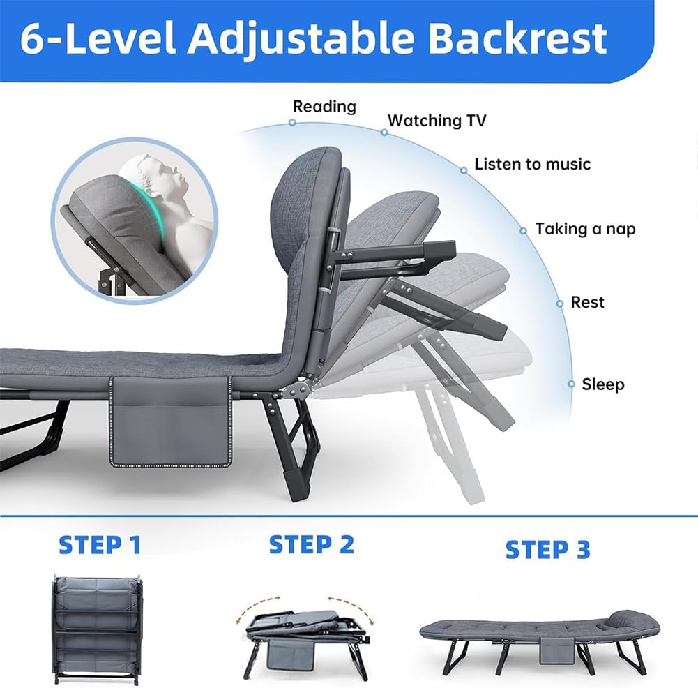Camping Cot Portable Folding Bed for Adults 6 Position Adjustable Cot Recliner Chair with Pillow Heavy Duty Steel Frame Camping Office Nap Indoor Outdoor Use (Medium(70in))