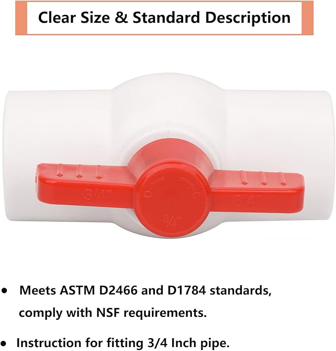 6Pcs 3/4" PVC Ball Valve Water Pipe Shut-off Valve Socket with Red T-Handle for Cold Water Supply lines, Irrigation Pipe fitting System(Socket x Socket), Schedule 40