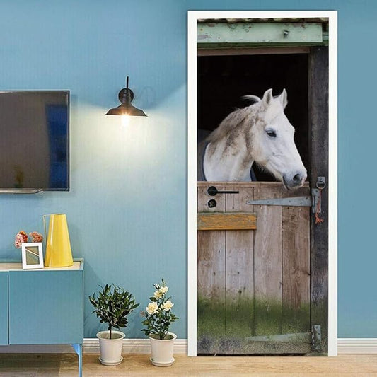 Horse 3D Door Stickers Murals - Peel & Stick - Waterproof & Washable - Matt Finish - Realistic Style - Horse Color - Animal Pattern - 37.4" x 82.7" - Door & Wall